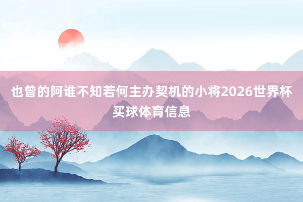 也曾的阿谁不知若何主办契机的小将2026世界杯买球体育信息